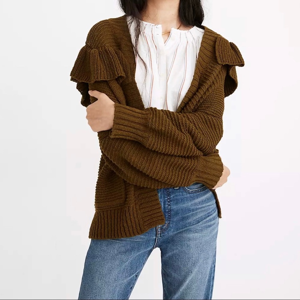 NWOT Madewell Ruffle Cardigan Sweater Olive Green
